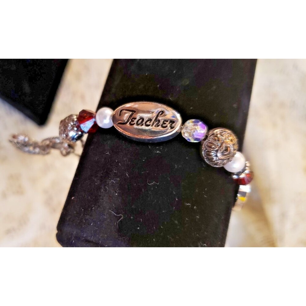 Whimsy, Classy Teacher Gift - Metal Charm Bracelet "Inspire, Wisdom, Teacher" 8"